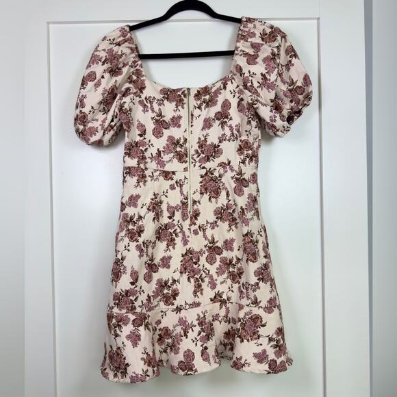 Aqua Brocade Puff Sleeve Pink Floral Dress Size Small - Picture 4 of 9